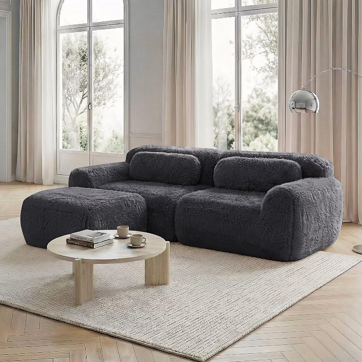 Canapé L 2 places – modulaire,gris,tissu peluche doux