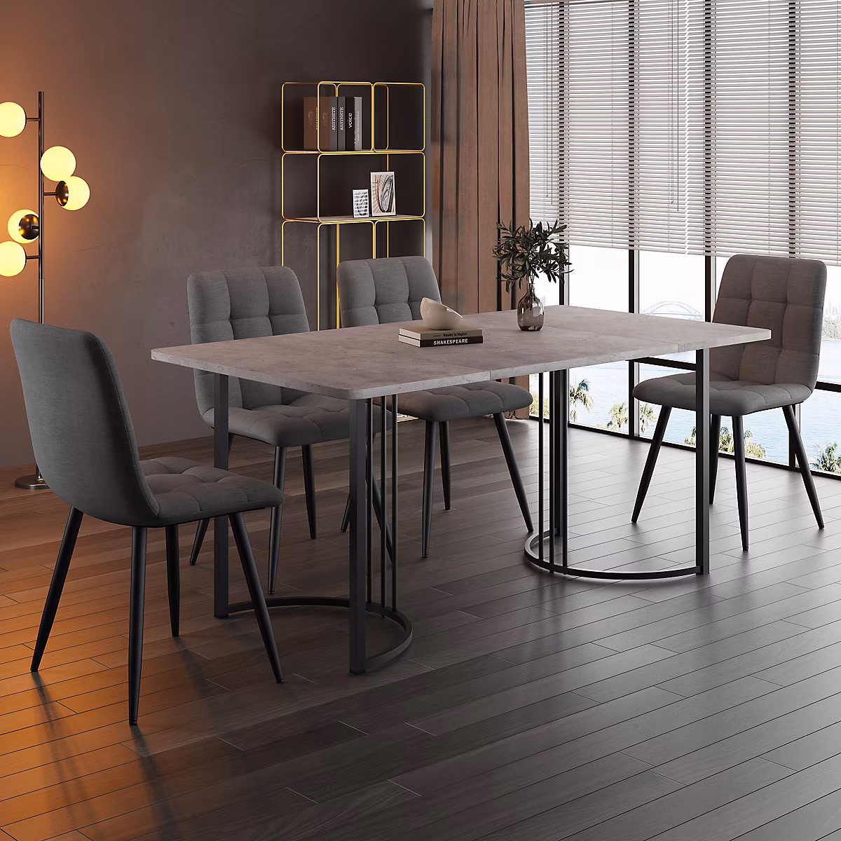 Ensemble table et chaises 140 × 80 × 75 cm avec 4 chaises – table rectangulaire MDF effet marbre gris et chaises en lin