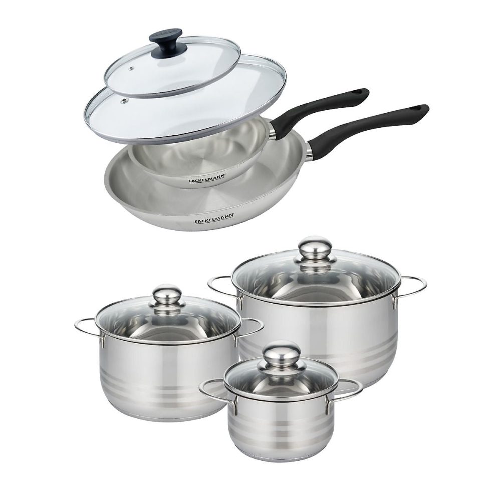 Matériel de cuisson – Batterie de cuisine avec 2 poêles 20/28 cm et 3 faitouts 16/20/24 cm sans PFAS Fackelmann Généva Brillant avec couvercles