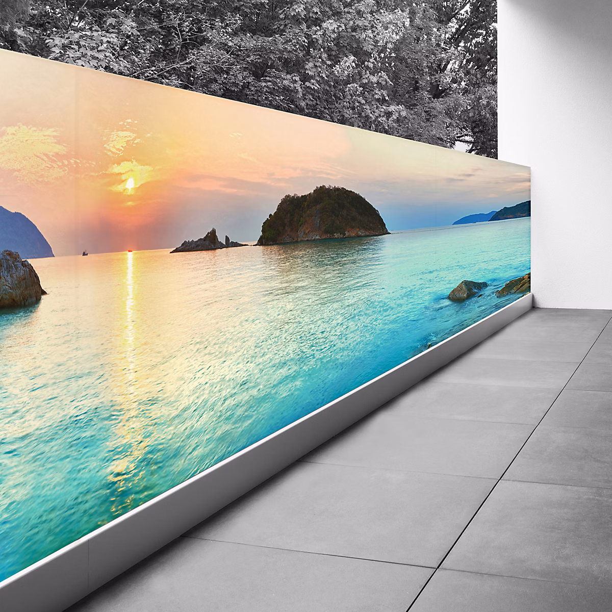 Brise vue Trompe l'oeil – 90 × 382 cm | Vue mer couché de soleil 3617689699608