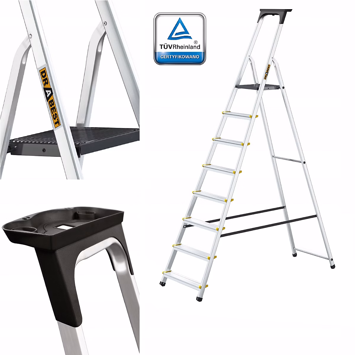 Échelle en aluminium 8 marches PRO DRABEST avec étagère – capacité de charge 150 kg, 1 pièce.