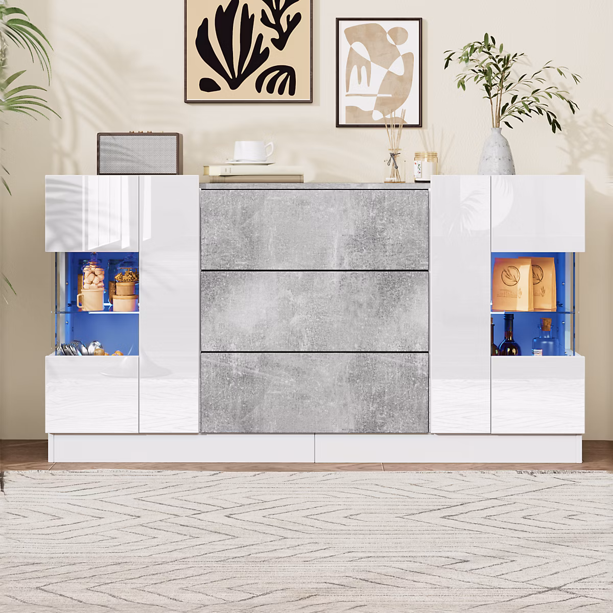 Buffet elegant 2 portes 3 tiroirs – facades blanches brillantes effet marbre gris | LED 16 couleurs | 140 × 35 × 75 cm