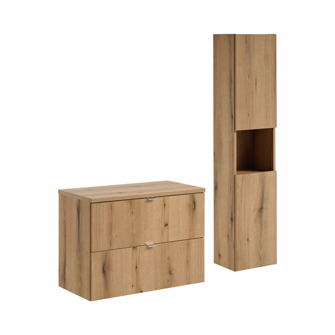 Ensemble meuble de salle de bains – Ensemble de salle de bain suspendu VANO aspect chene 110cm : meubles sous vasque à tiroirs et plan pour vasque et colonne