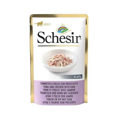 Aliment humide pour chat thon et poulet avec jambon sachet en gelée Schesir - 85 g