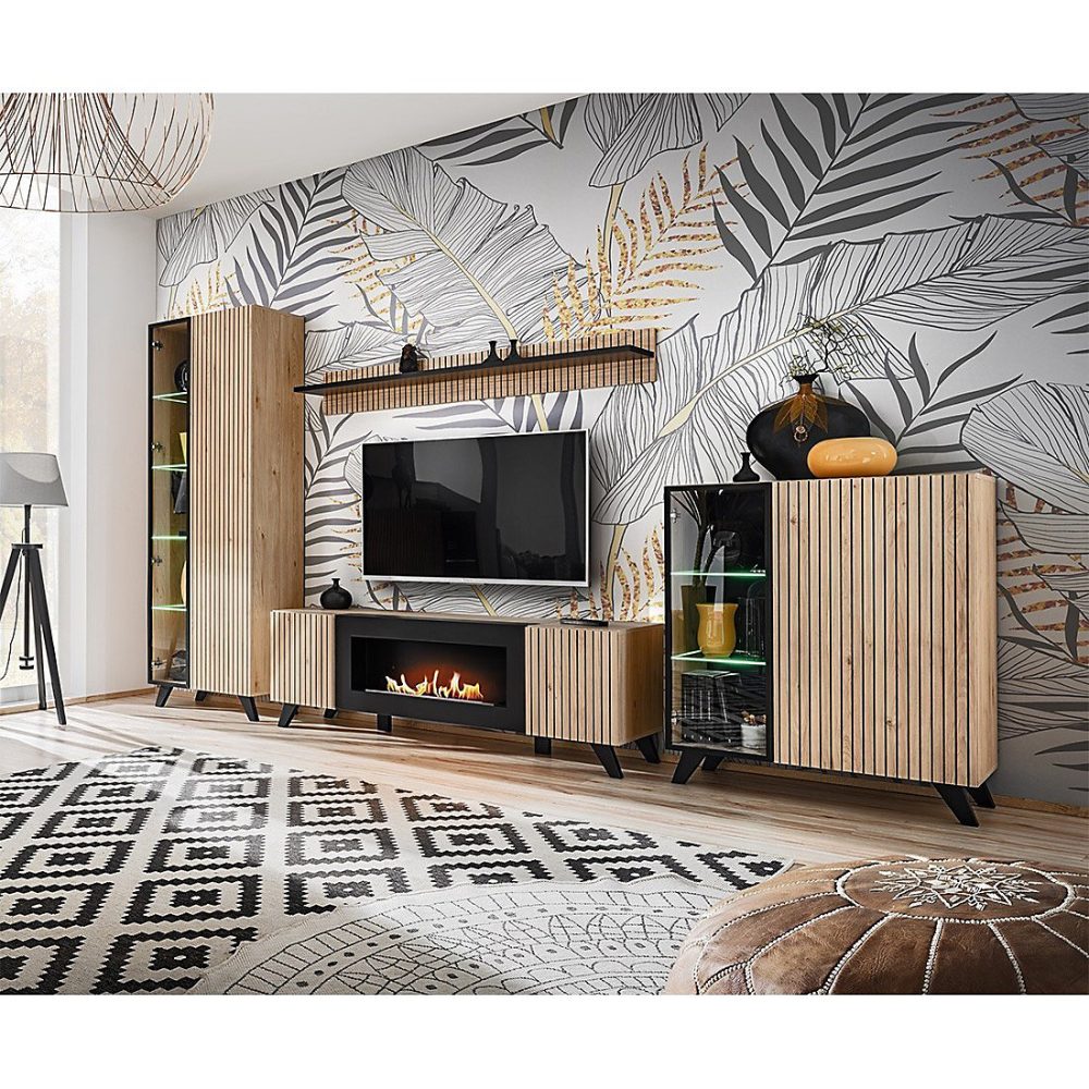 Ensemble de 4 meubles de salon NIELSEN Cheminée décorative en chene et noir – Réf. LGVPJCPIS9035292757