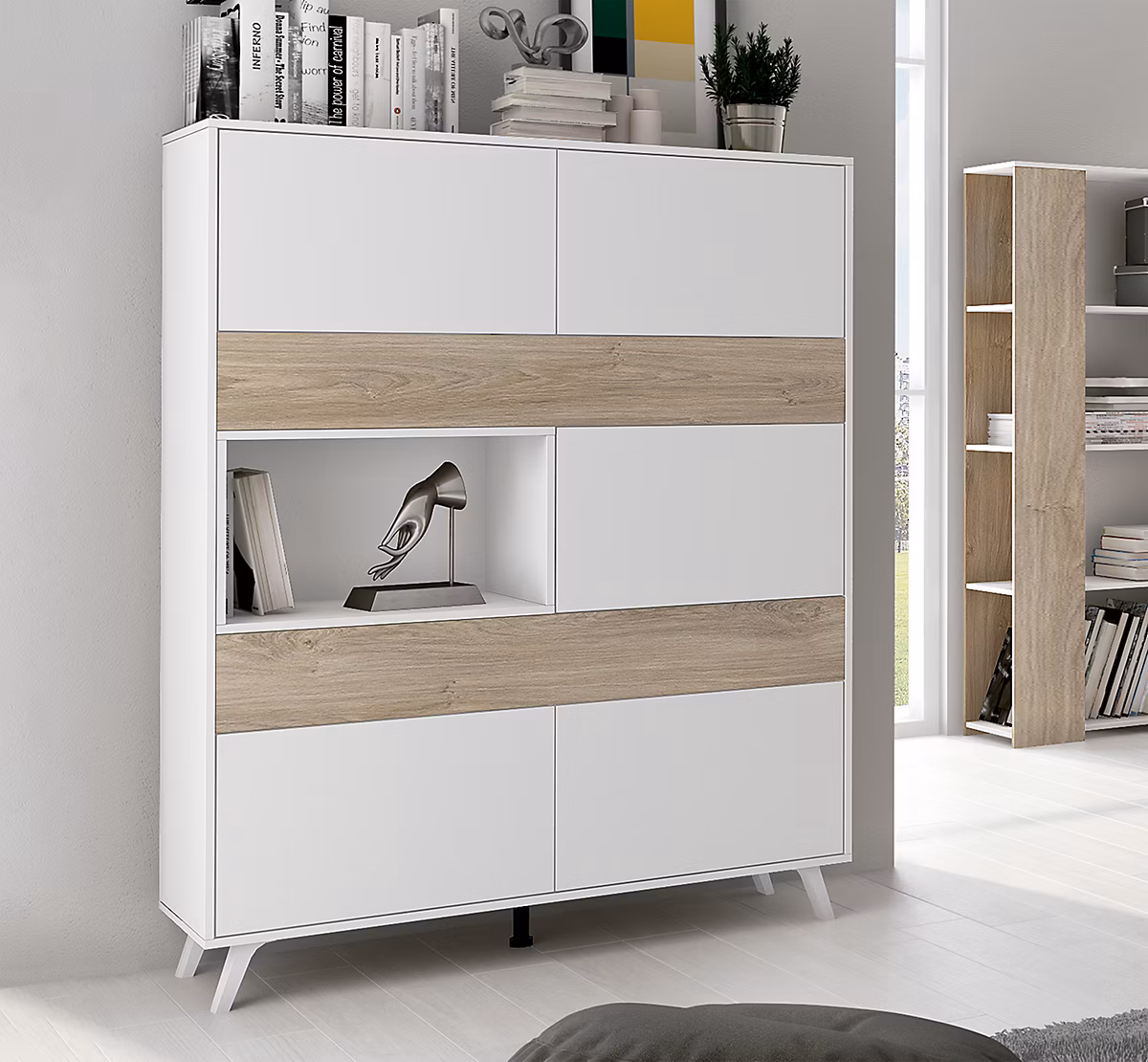 Armoire vitrine – buffet haut coloris blanc/chêne | Longueur 120.9 x Profondeur 39.6 x Hauteur 156 cm