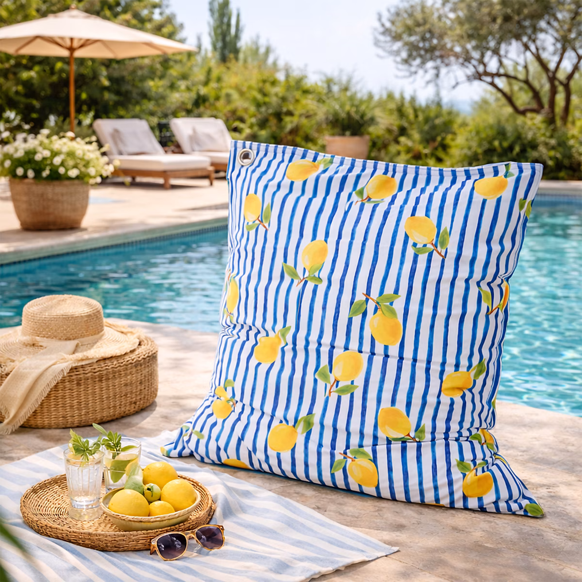 Maxi coussin déperlant intérieur / extérieur imprimé citrons bleu – jaune 140 × 120 cm