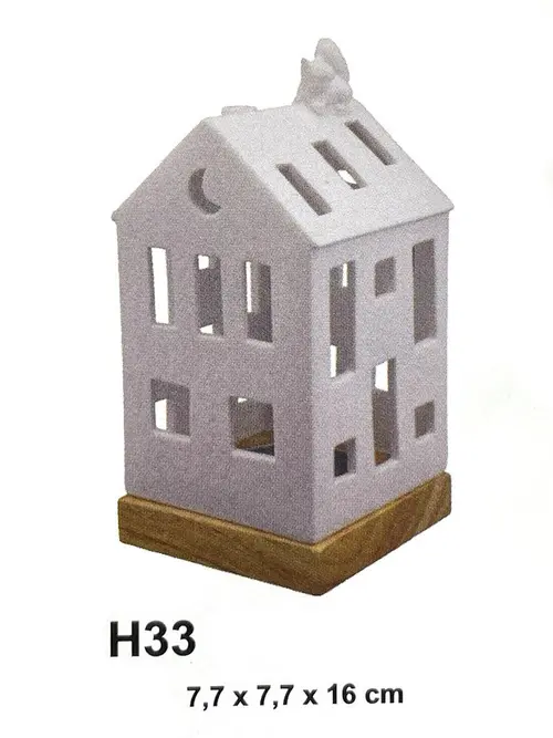 Photophore forme maison en céramique blanche avec écureuil taille M - Ø 7,7 x H 16 cm