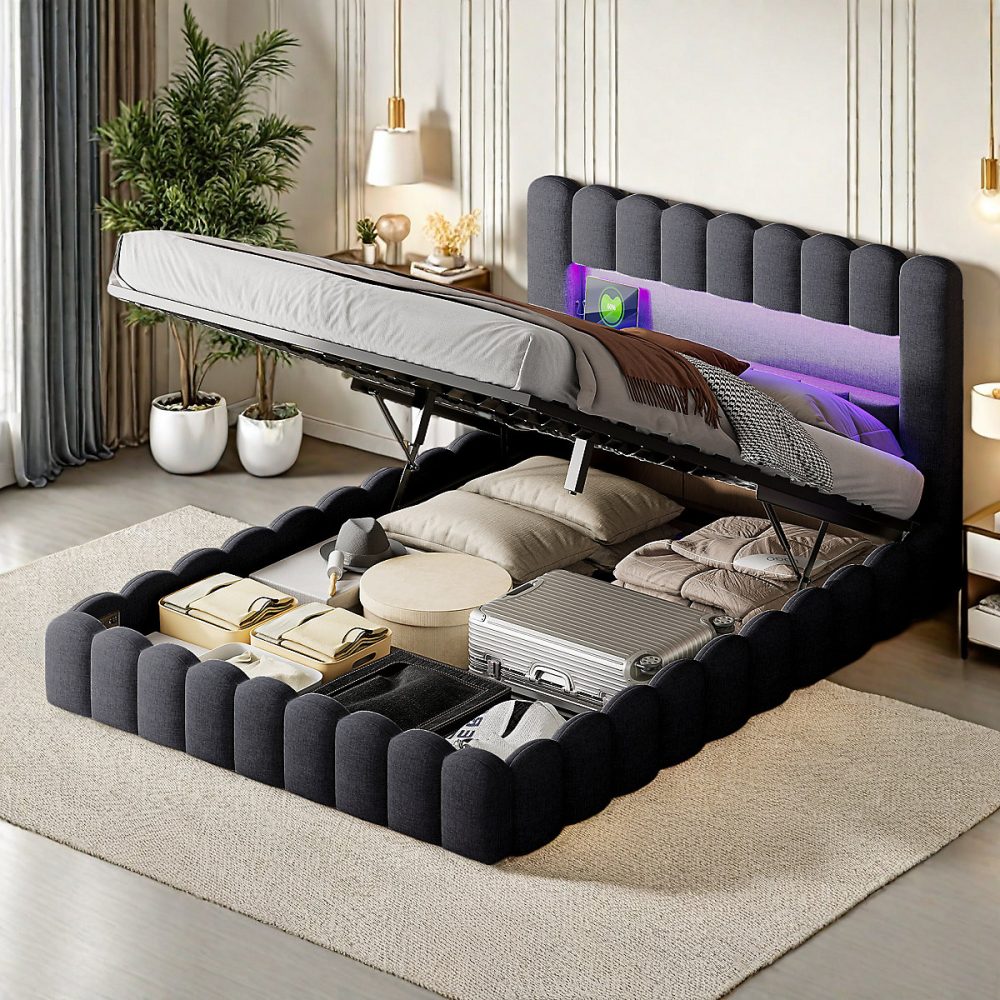 Cadre de lit double 180 × 200 cm gris avec rangement – tissu en lin, LED, tête de lit avec station de charge et sommier à lattes