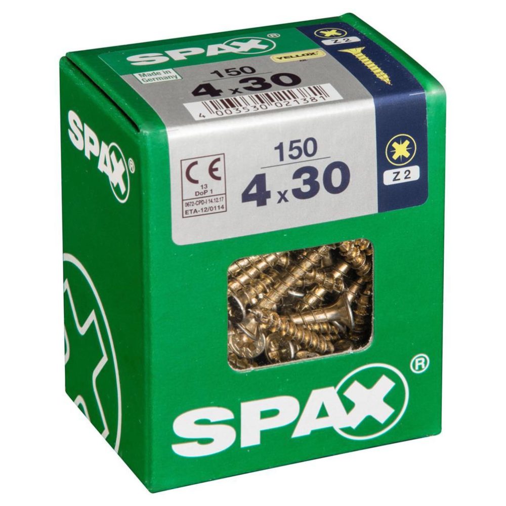 CENTRALE BRICO Lot de 150 vis acier tête fraisée pozidriv SPAX, Diam.4 mm x L.30 mm – 4 mm 30 mm