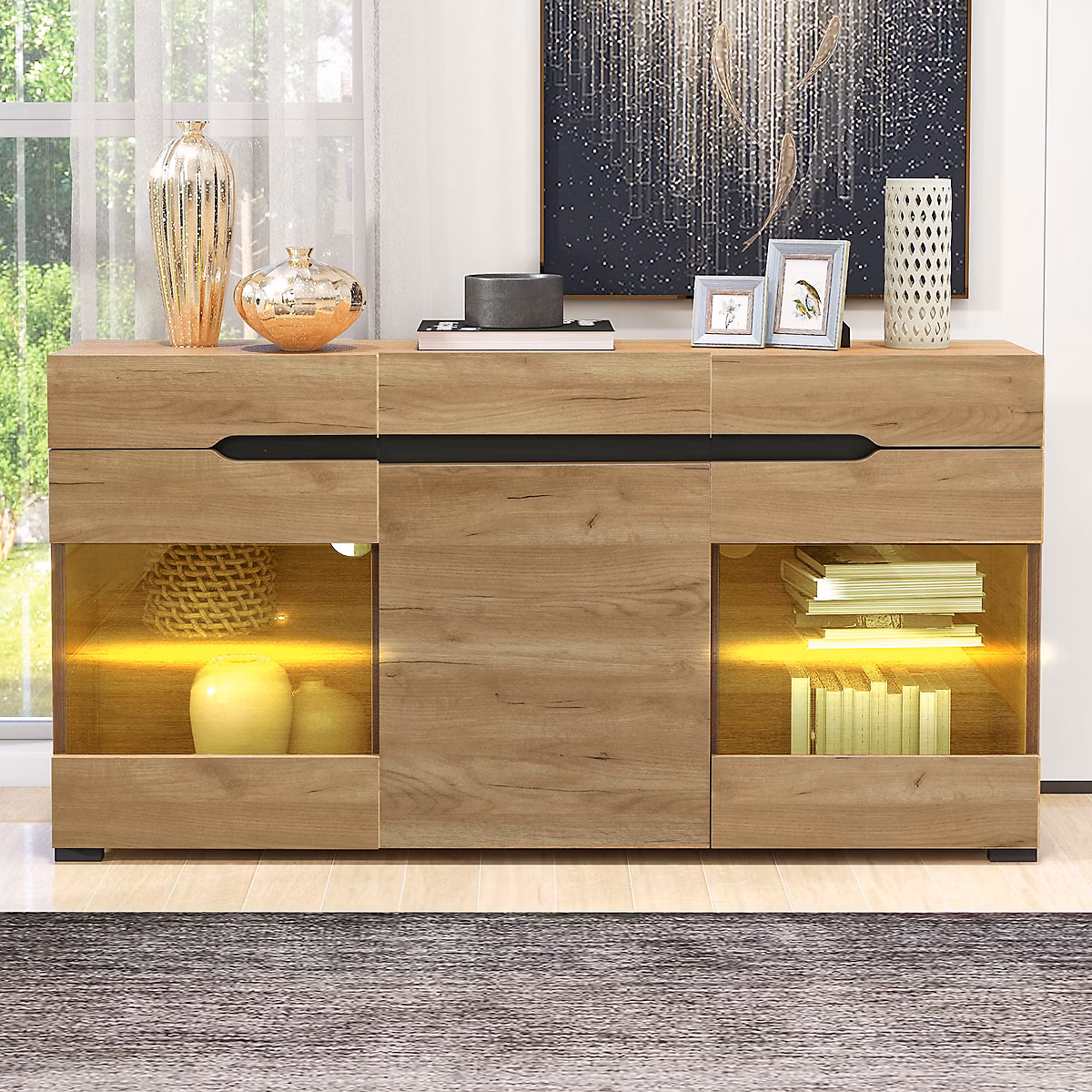 Buffet 140 cm coloris chêne avec LED – 3 portes et 3 tiroirs