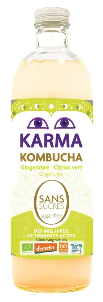 Karma kombucha au gingembre et citron vert sans sucre bio en bouteille de verre Karma - 75 cl