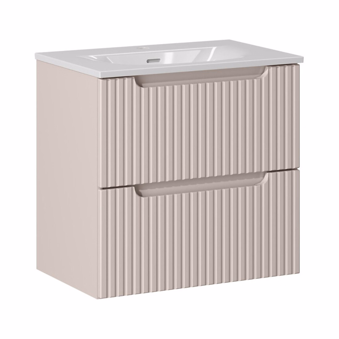 Ensemble de salle de bain VANO cachemire et blanc 60cm : meuble sous vasque à tiroirs rainuré verticalement et vasque encastrée – Réf. MEFAYOFDL5432399503