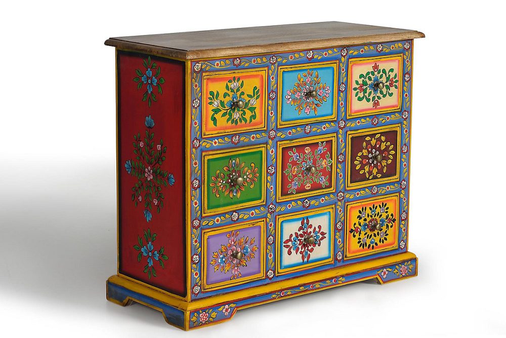 Commode en bois de manguier avec détails multicolores peints à la main – Réf. JHHODSQYC7995123954