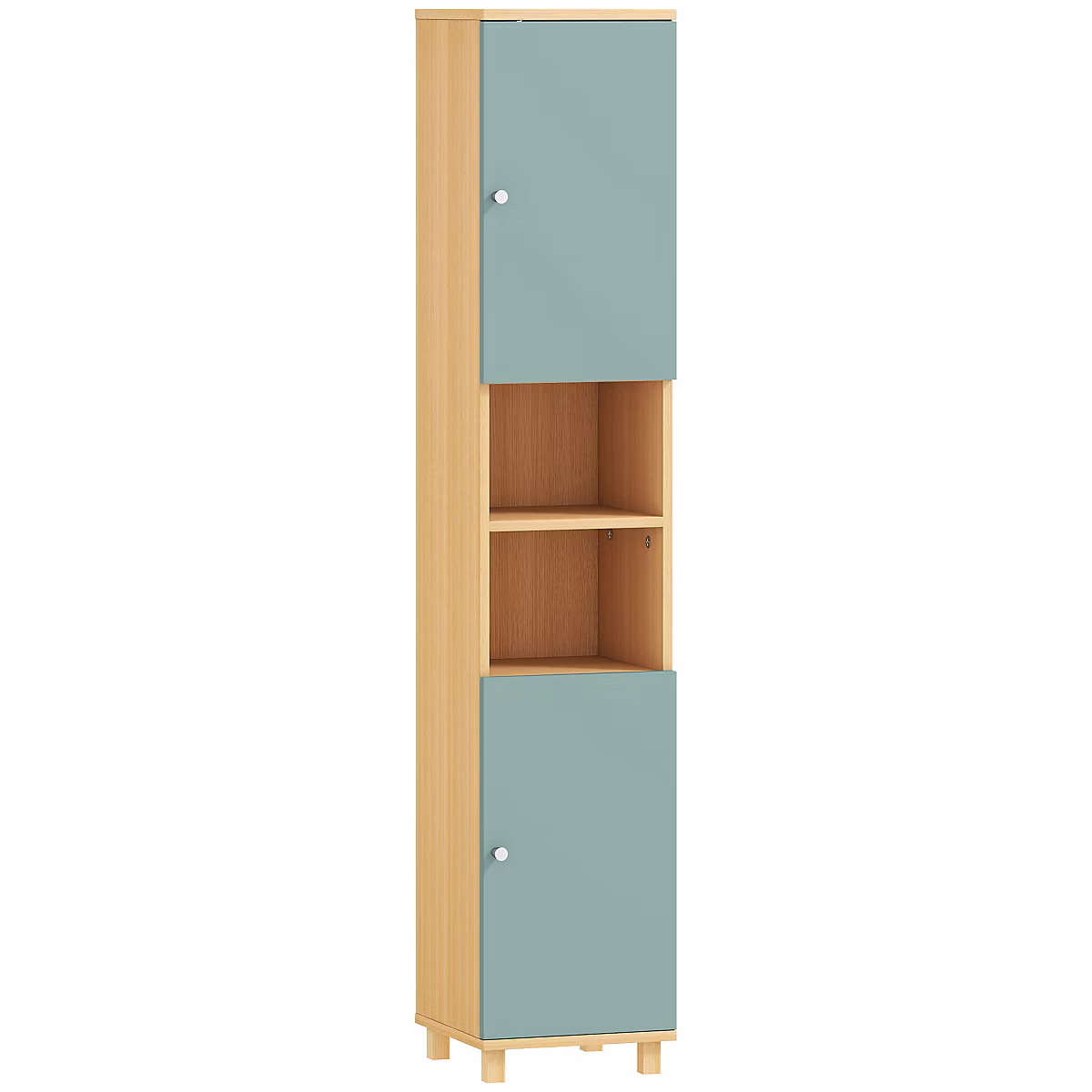 Colonne salle de bain 2 portes 2 étagères 2 niches dim. 30 × 30 × 166 cm effet bois clair vert d'eau