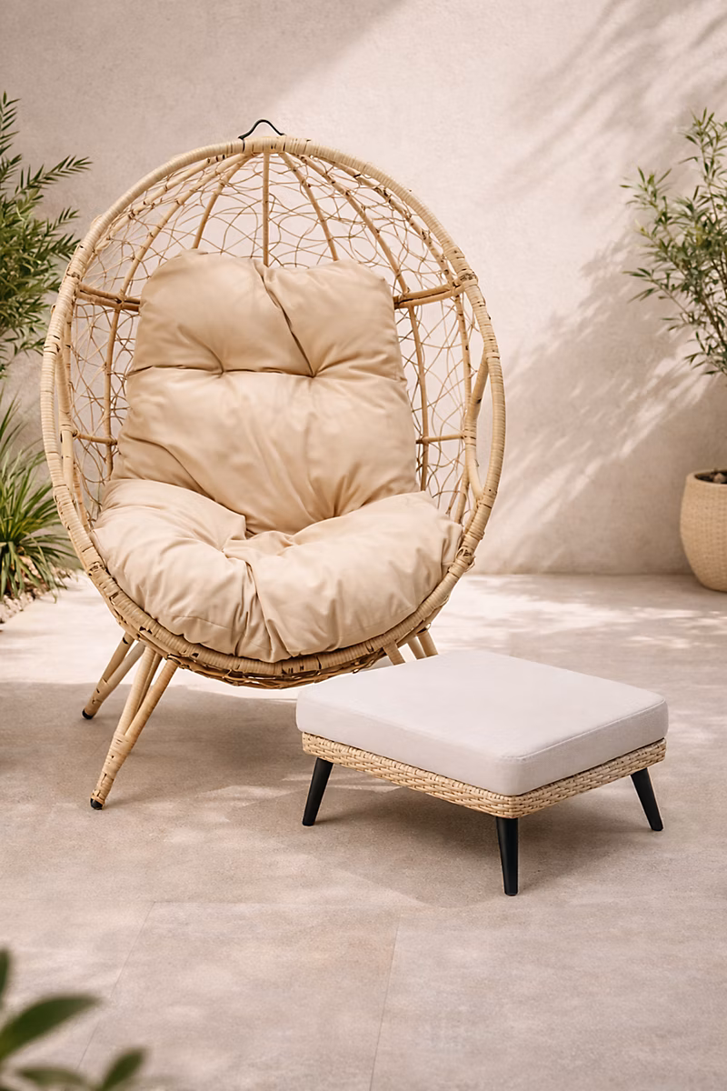 Ensemble d'extérieur : fauteuil suspendu effet rotin et repose-pieds avec coussin beige JANE – Réf. HHVEKFPZE1727854483