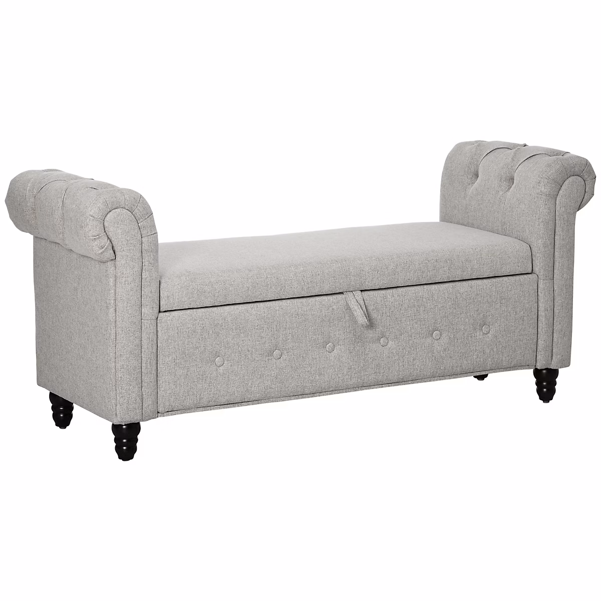 Banquette coffre de rangement 2 en 1 design Chesterfield accoudoirs courbés capitonnés piètement bois noir aspect lin gris – Réf. YYBRDCLQW4159472684