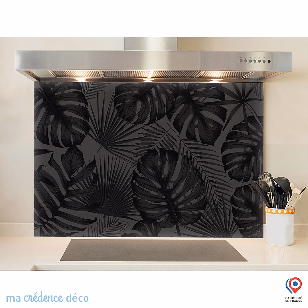 Crédence cuisine fond de hotte feuillage tropicale noir – Alu composite, L 90 cm x H 50 cm, MaCrédenceDéco
