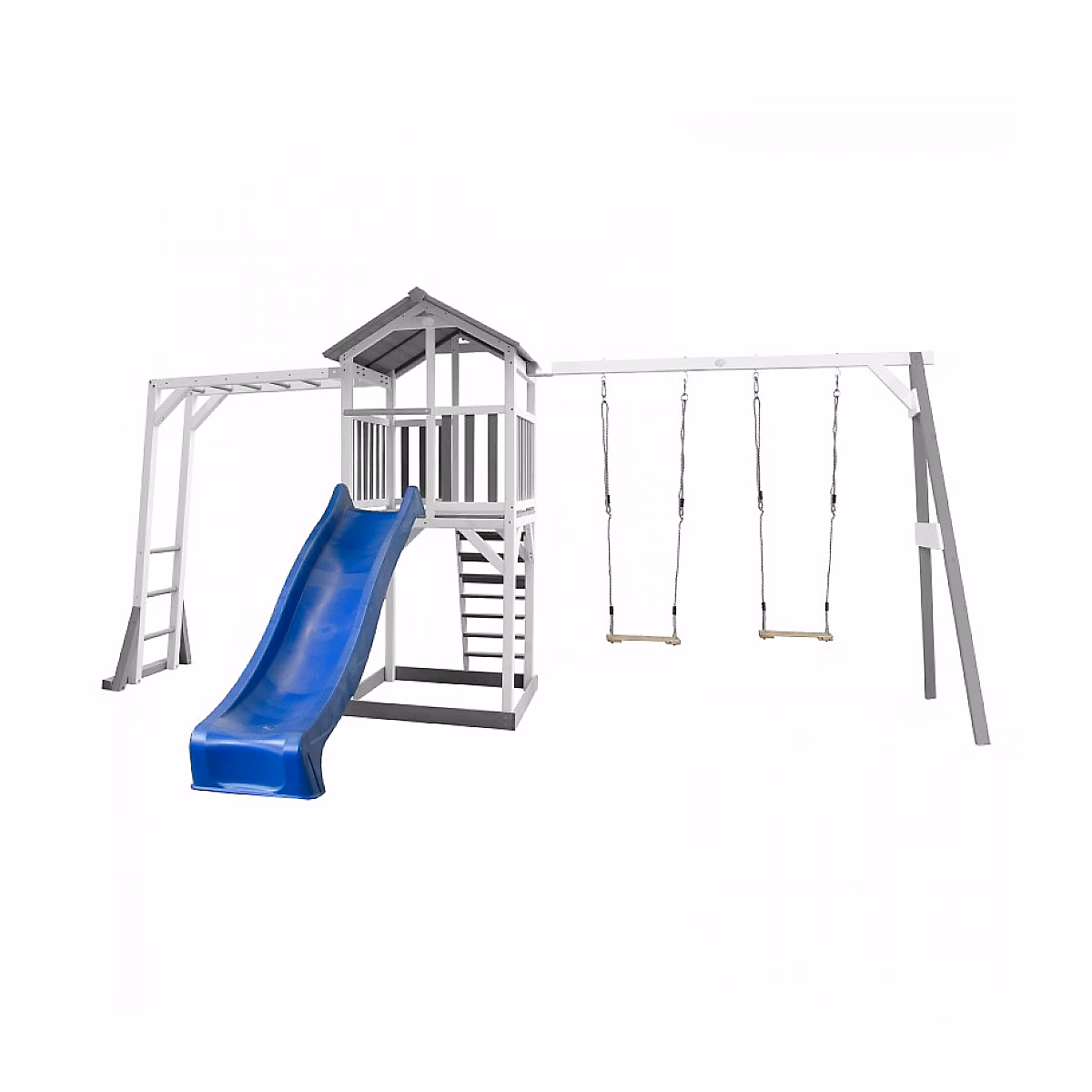 AXI Structure de jeu Beach Tower Gris Blanc avec cadre d'escalade et 2 balancoires et toboggan Bleu – Réf. IQCDHVUQX4137342669