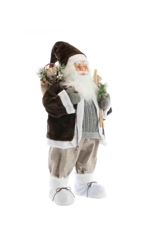 Père Noël en tissu brun/gris avec hotte de cadeaux et skis - 80 cm
