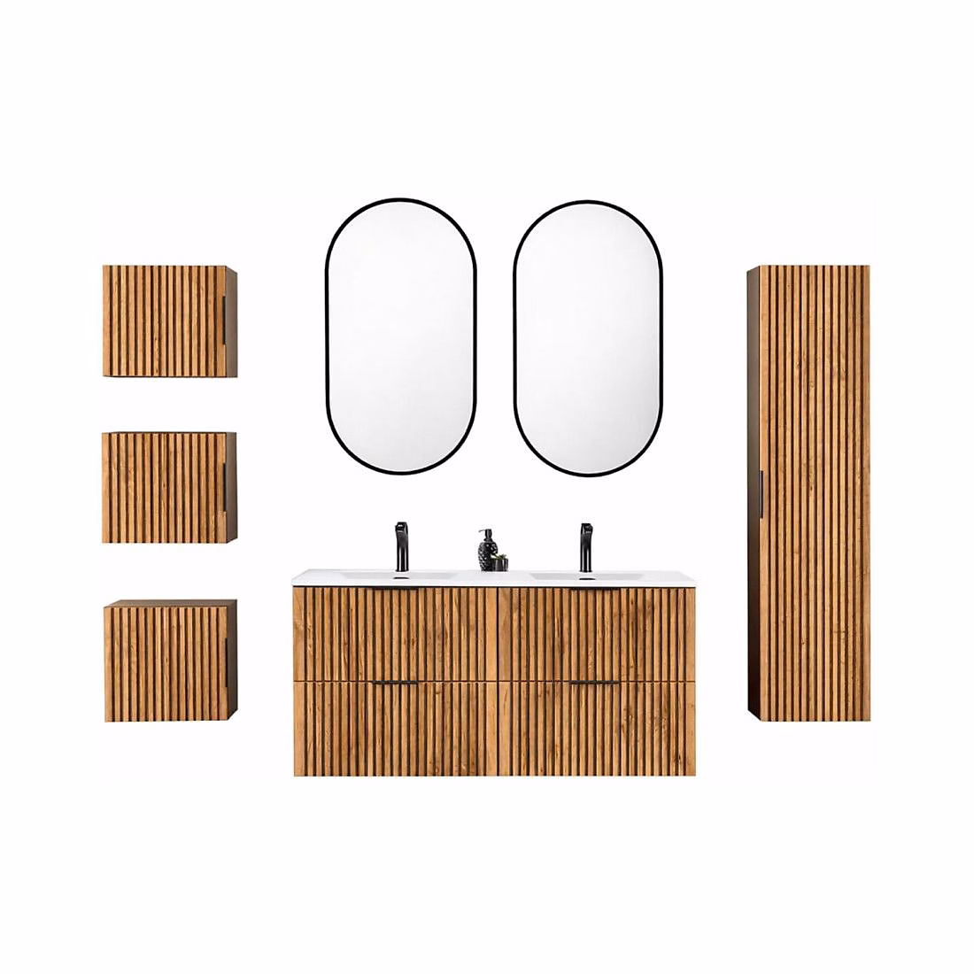 Ensemble KINOKO : meubles sous vasque 120cm et double vasque encastrée blanche et 2 miroir LED et meubles de rangement – Réf. INQDVNIVZ7700976813