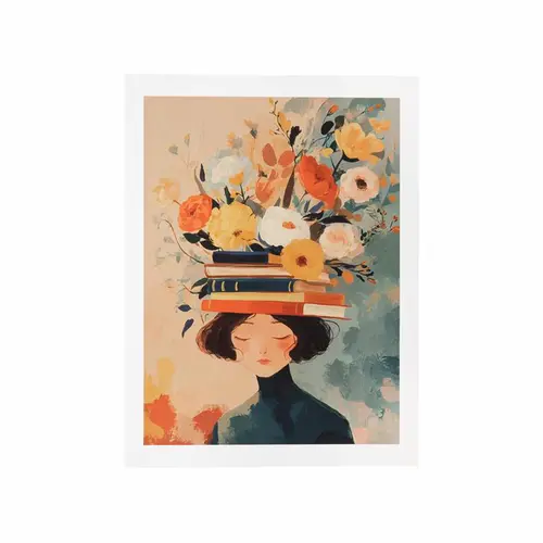 Affiche femme avec livres et fleurs - 30 x 40 cm