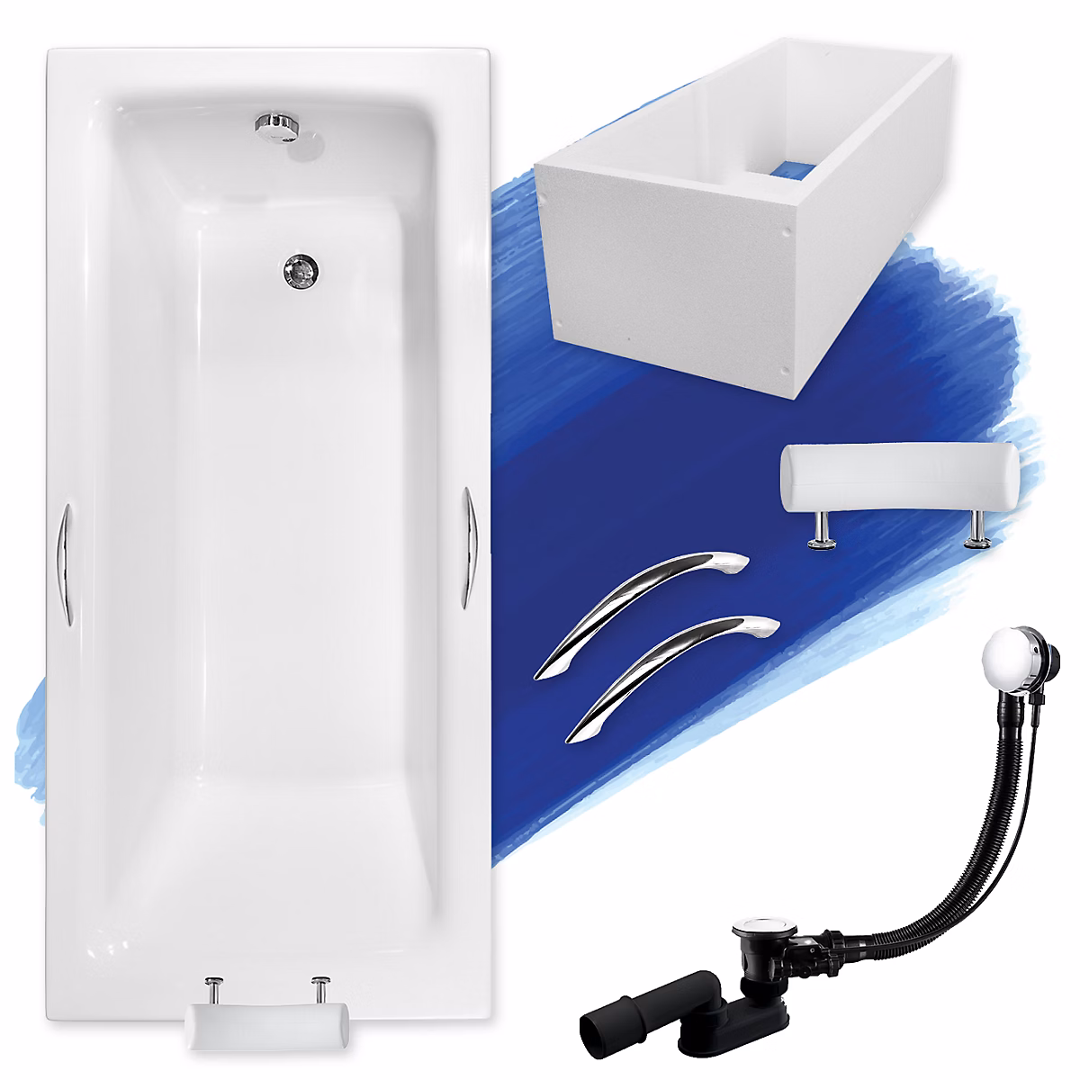 Baignoire 160 × 75 TALIA PREMIUM acrylique blanc + Support stabilisateur en polystyrène+Poignées+Repose Tête +Pieds +Vidage à chromé