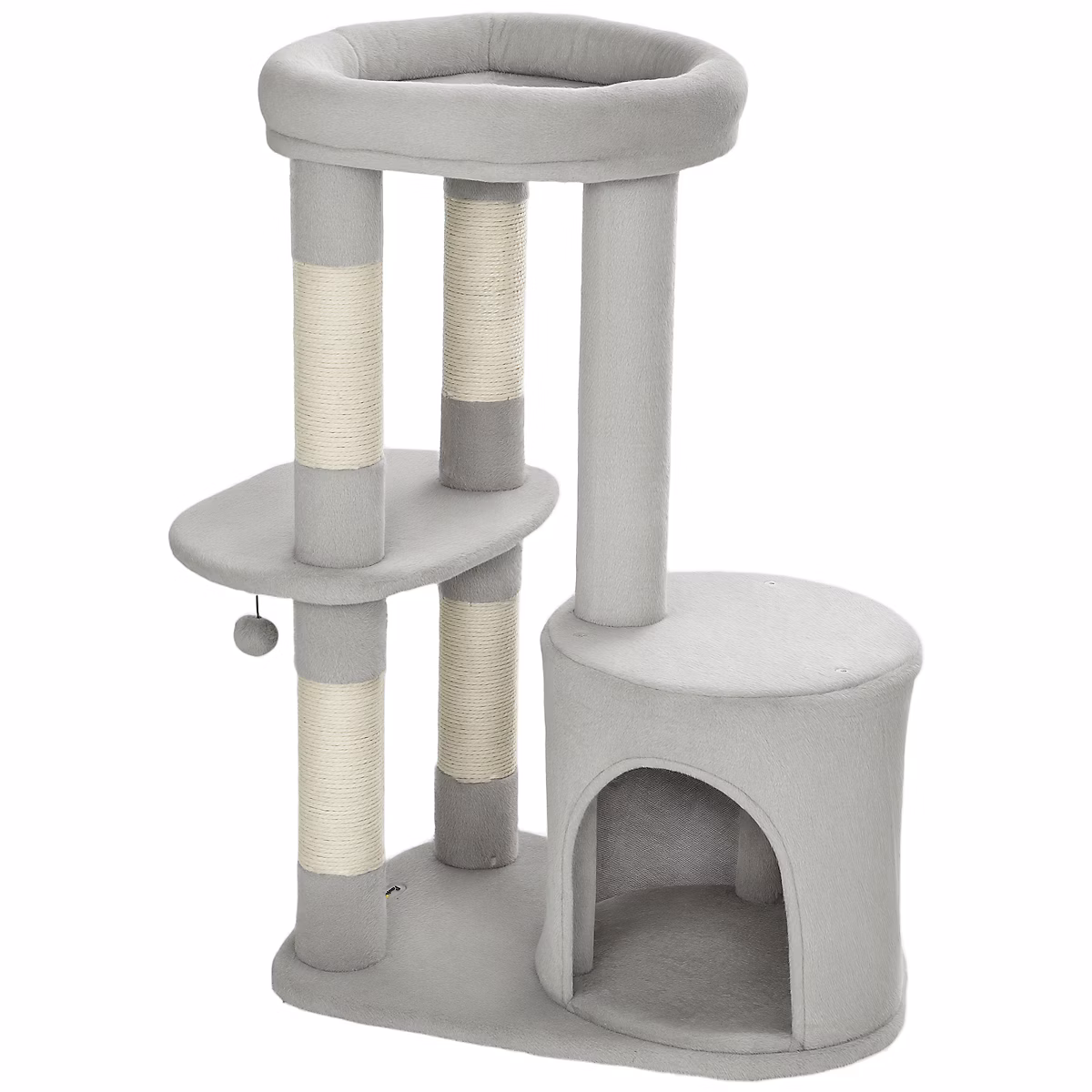 Arbre à chat design gris clair arrondi H.90cm niche 2 plateformes boule griffoirs – Réf. BLCQPAGFN1033625904