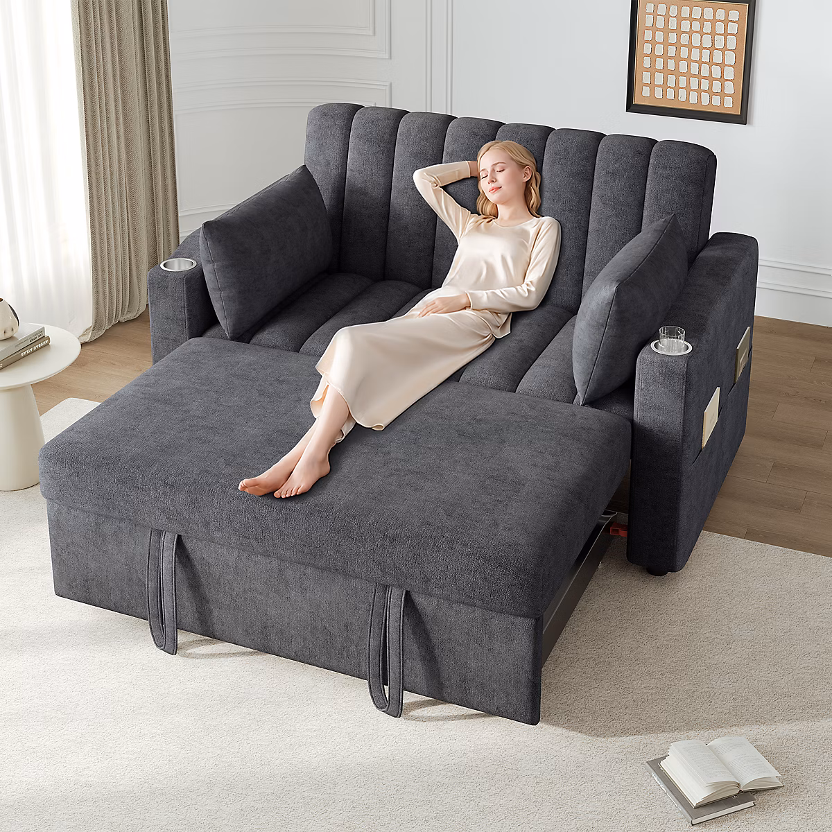 Canapé multifonction moderne | convertible – dossier réglable – avec porte – gobelet et coussins – pour salon/chambre.