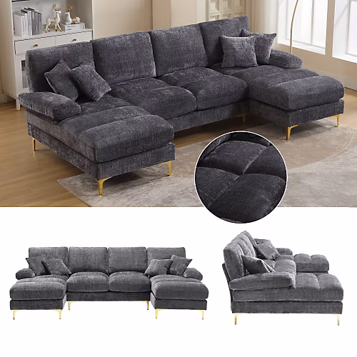 Canapé d'angle U en chenille – double méridienne, moderne, pour salon, chambre, bureau, Gris foncé