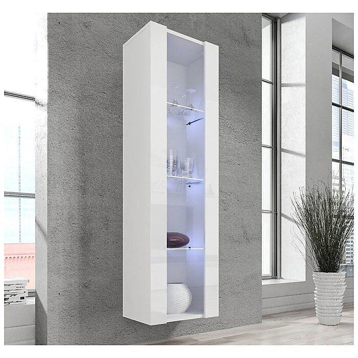 Armoire Murale Vitrine LED – 40 × 170 × 29cm, Blanc Finition brillante, 4 compartiments 4 vitrines, Rangement, NORA V5