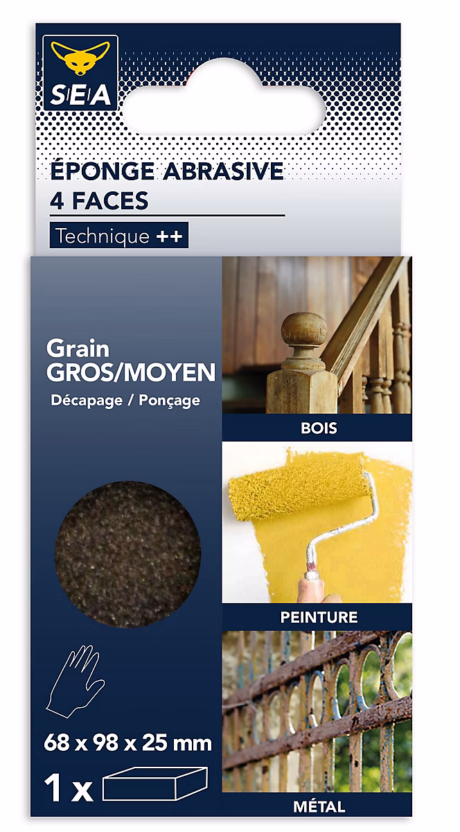 Eponge abrasive 4 faces 100 × 68 mm grain gros / moyen