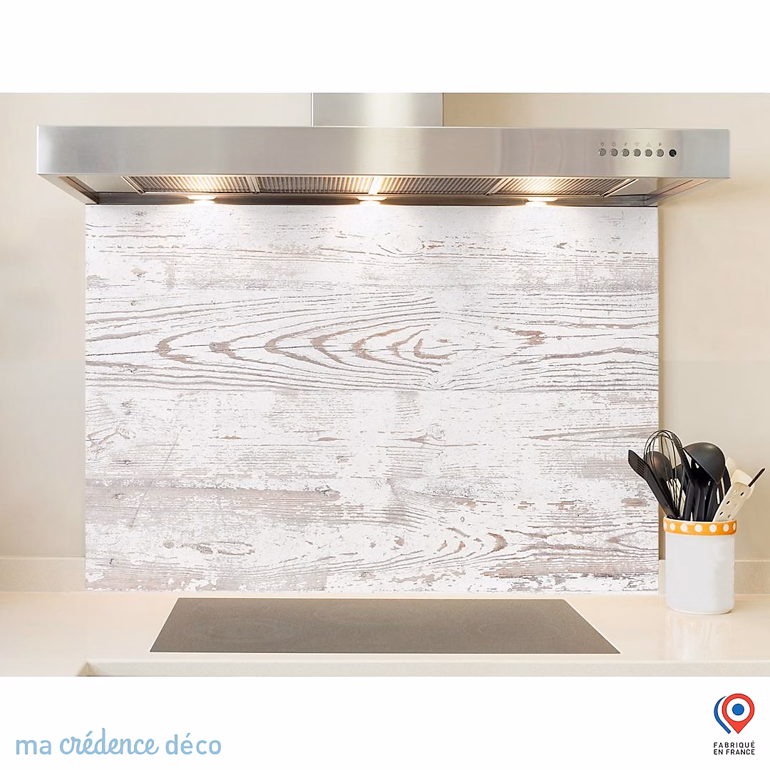 Crédence cuisine fond de hotte Bois brut blanc – Alu composite | L 90 cm x H 70 cm | MaCrédenceDéco