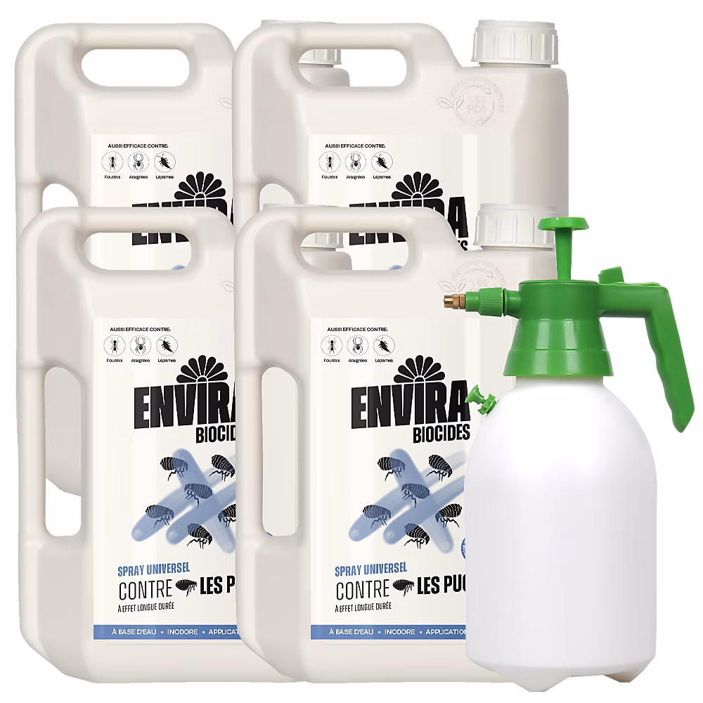 Envira Spray Anti-Puces avec Pulvérisateur à Pression – Protection Rapide et Efficace 4 × 2L + Pulvérisateur