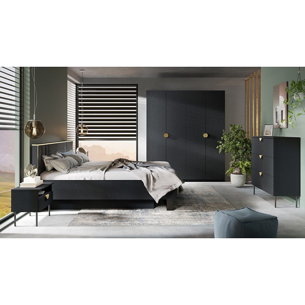 Meuble de chambre – Chambre complète MONDO Noir structuré et doré Lit 160x200 avec sommier et Armoire et Commode et 2 chevets