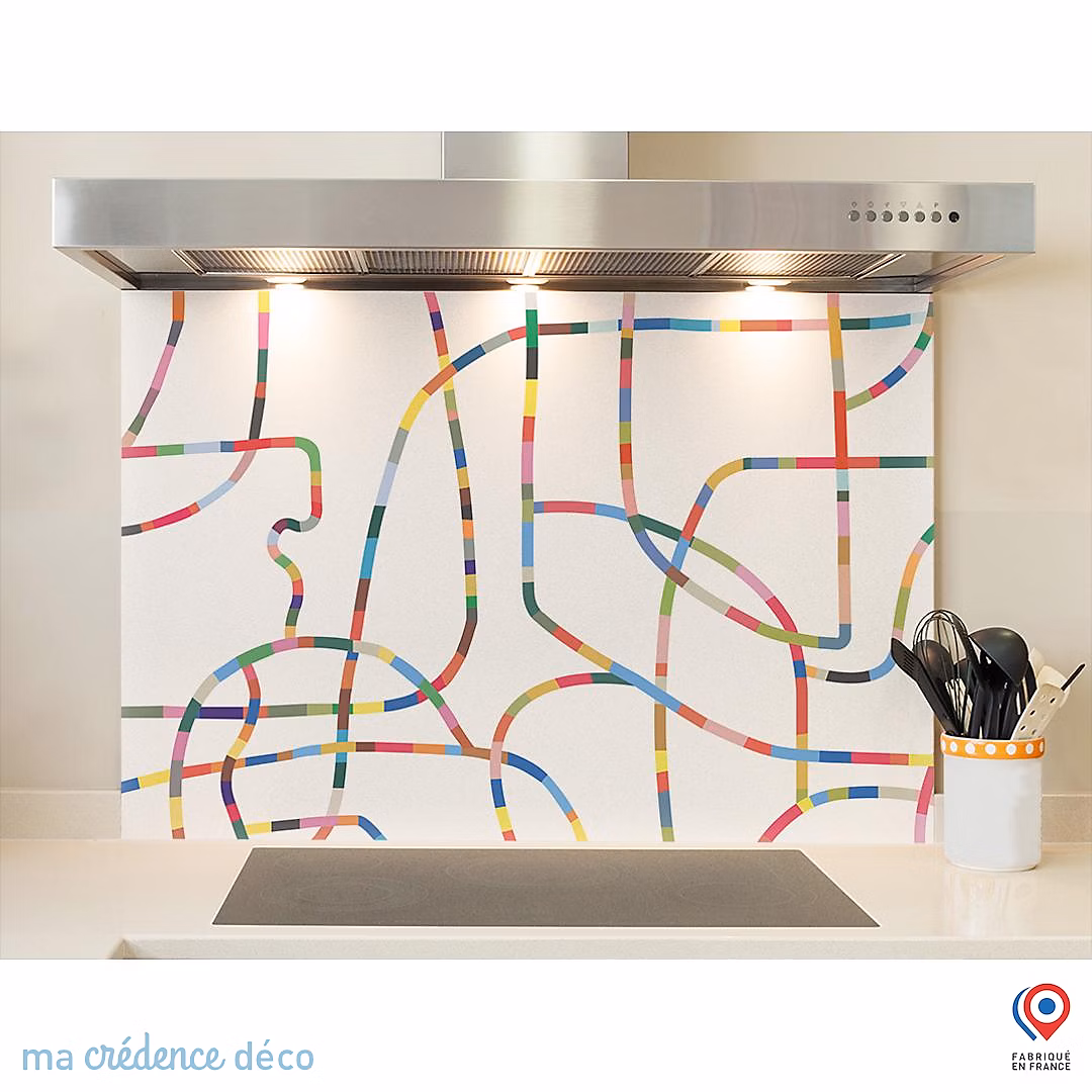 Crédence cuisine fond de hotte Lignes colorées – Verre trempé | L 60 cm x H 45 cm | MaCrédenceDéco