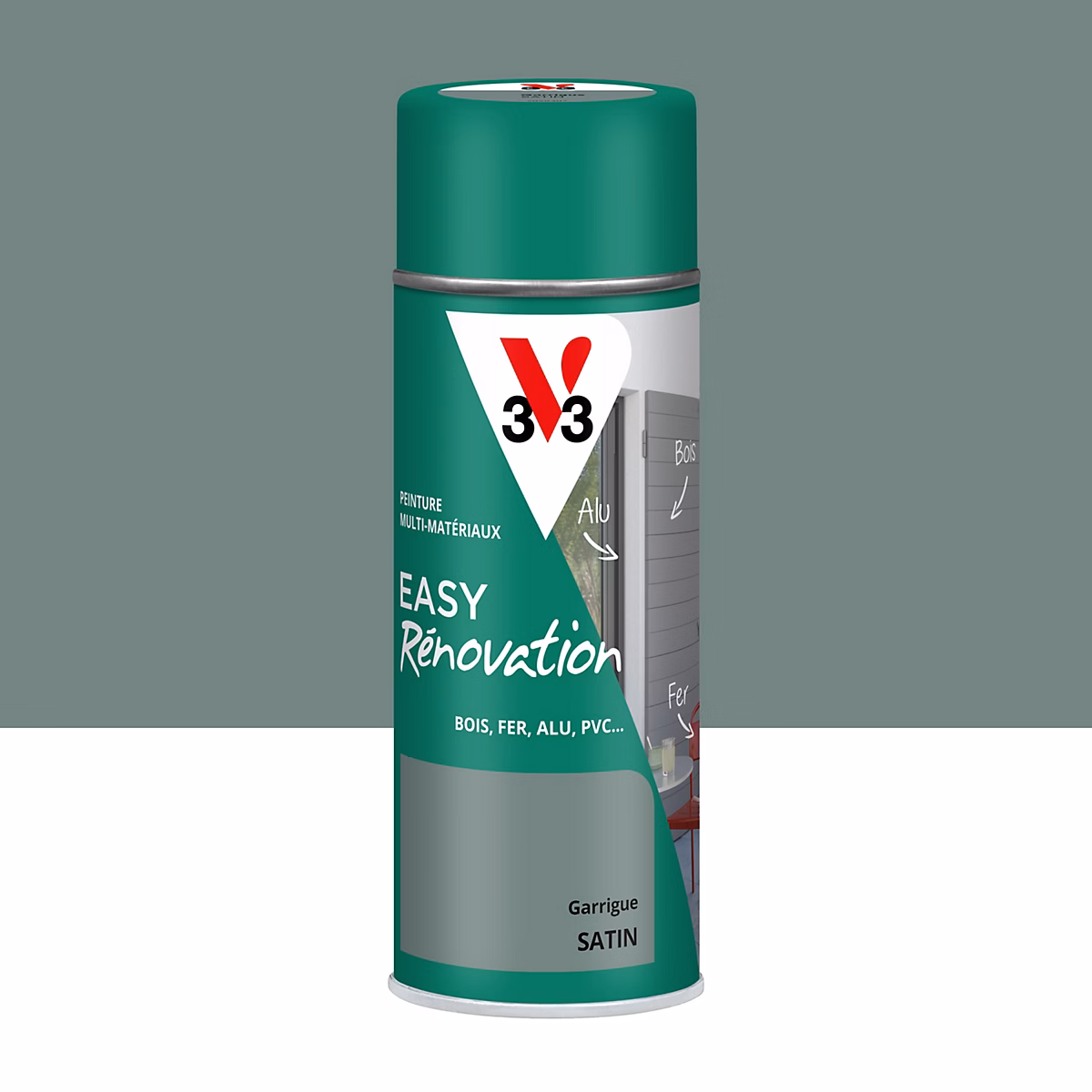 Bombe de peinture extérieure bois – fer, plastique gris garrigue satin V33 Easy Rénovation 400 ml