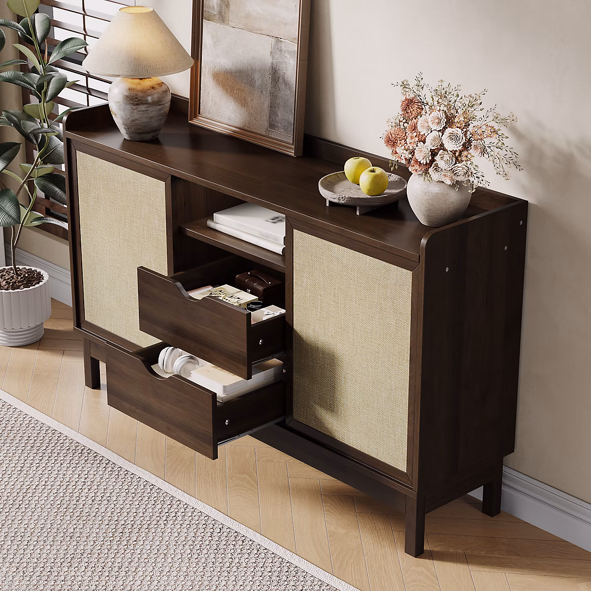 Meuble – Buffet 150 cm en panneaux de particules naturel avec portes coulissantes