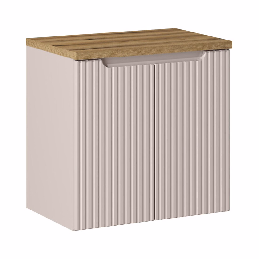 Meuble de salle de bains – Ensemble de salle de bain VANO cachemire et chene 60cm : meuble sous vasque à placards rainuré verticalement et plan pour vasque