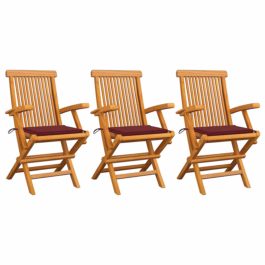 Chaises pliantes avec coussins rouge vin – 3 pièces | en teck massif vidaXL