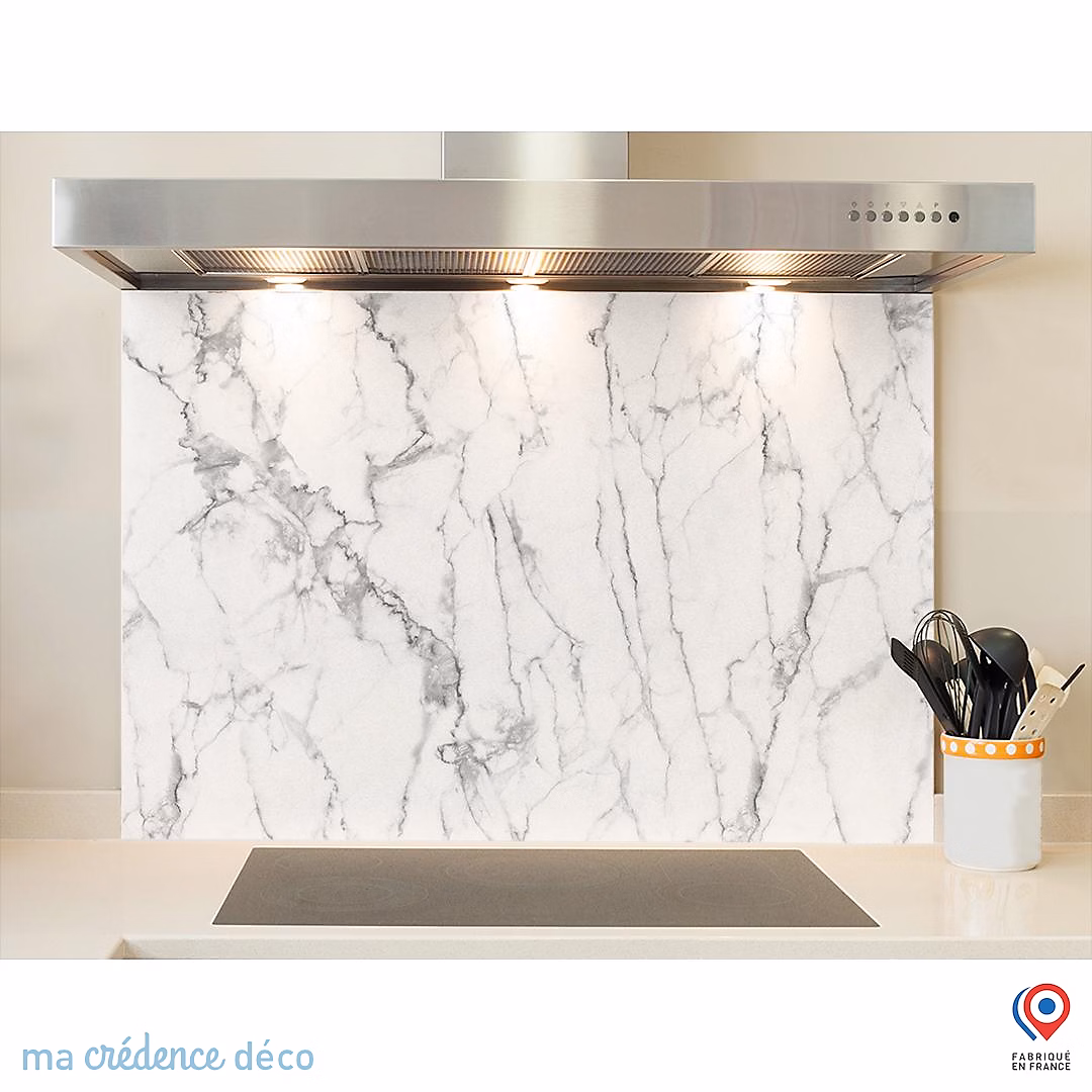 Crédence cuisine fond de hotte Marbre blanc Modena – Verre trempé, L 70 cm x H 60 cm, MaCrédenceDéco