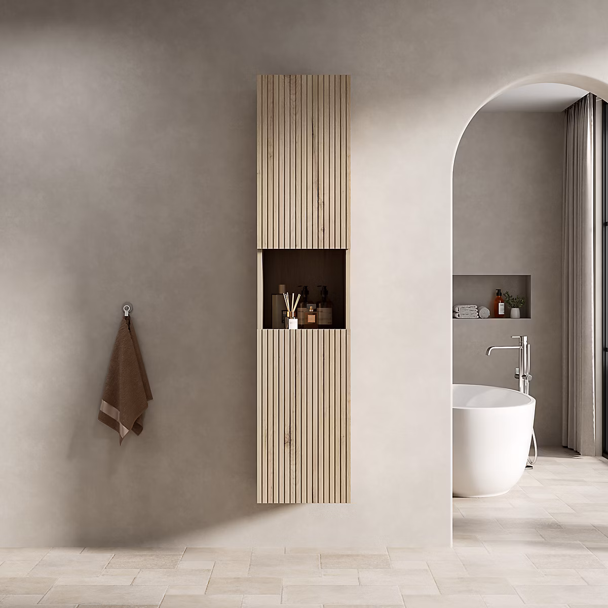 Meuble de salle de bains – Armoire murale de salle de bain en contreplaqué chêne blanc avec 2 portes