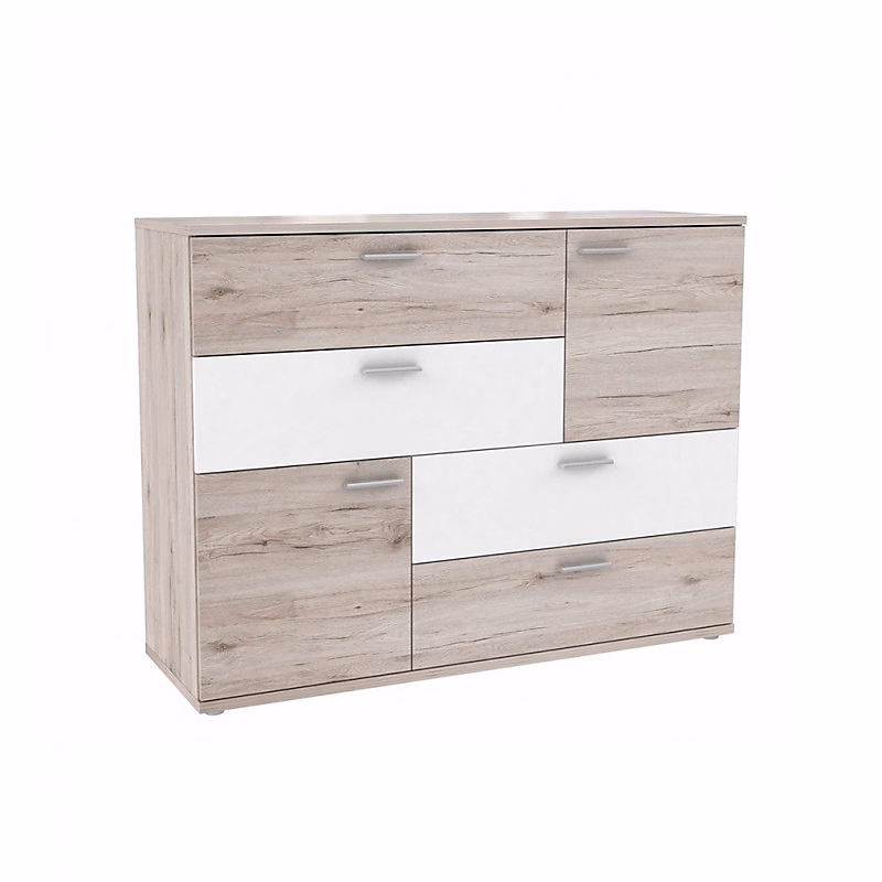 Commode 2 portes 4 tiroirs décor chêne cendré blanc – DEST