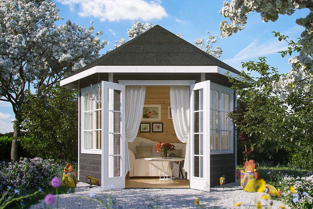 Abri de jardin SKAN HOLZ Almelo 350 × 303cm – 28mm, traitement coloré gris ardoise