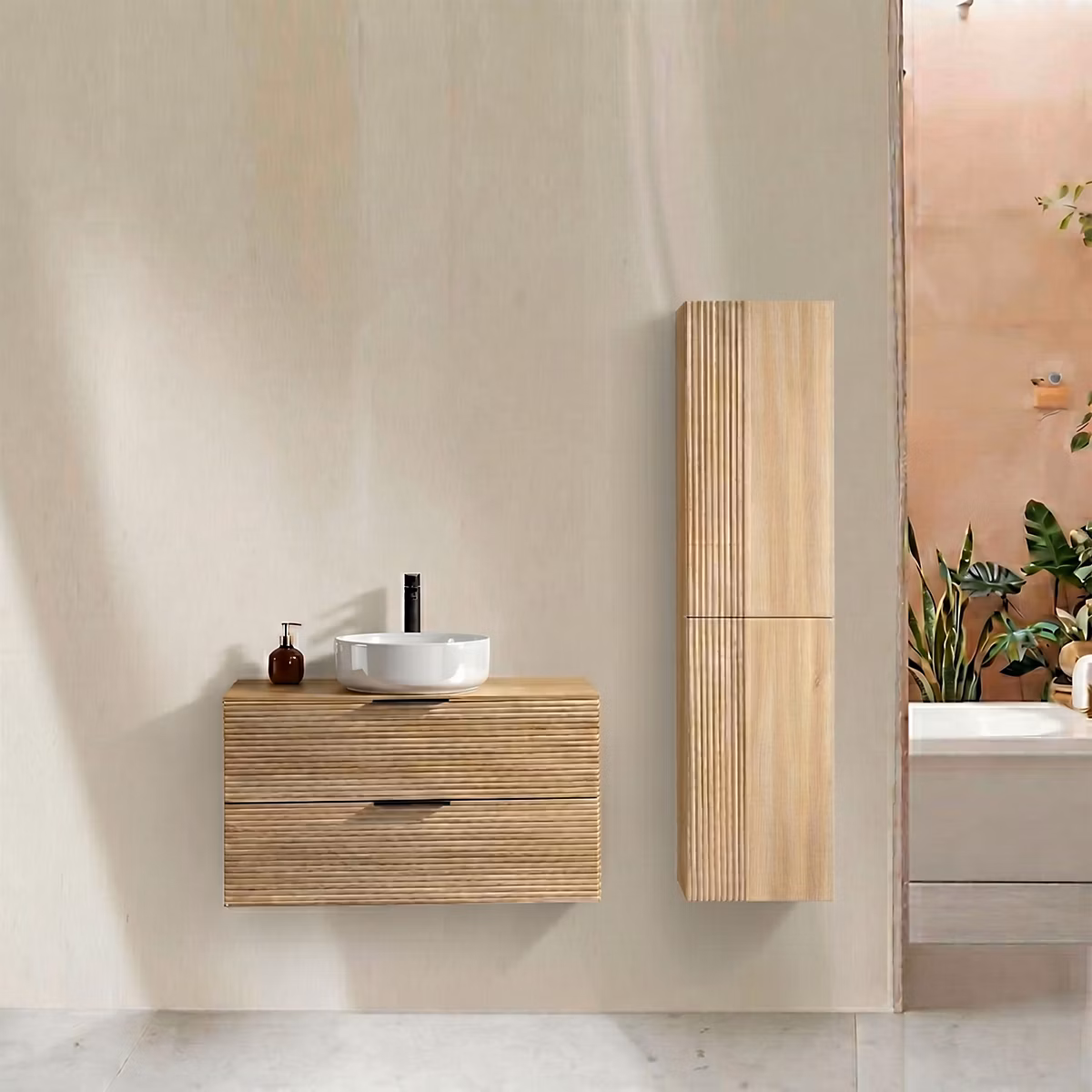 Ensemble salle de bain 100 cm chêne clair vasque à poser blanc brillant Aqualinea – Réf. JOINLSYXT2874740247