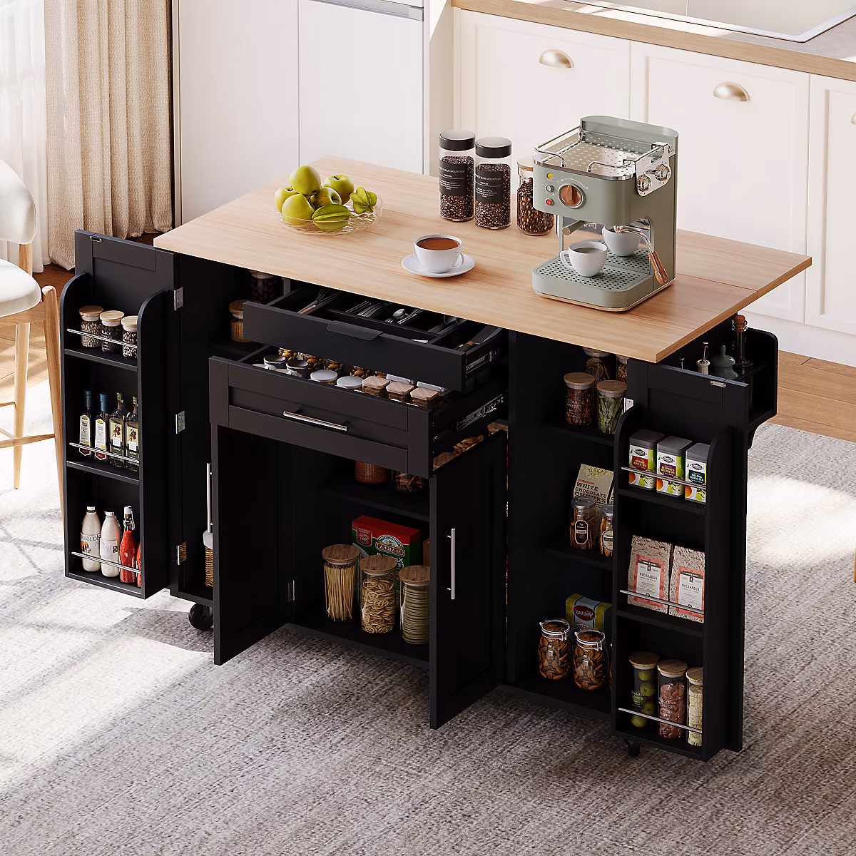 Îlot de Cuisine Extensible Mobile avec Plan de Travail Rabattable – Tiroir à Couverts et Étagères Réglables, Noir, 136 × 70 × 92 cm