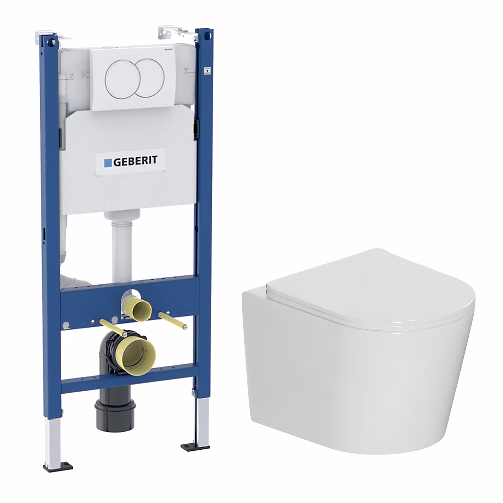 Duofix Pack WC bâti | support + WC suspendu sans bride avec abattant SoftClose Ceramia + plaque blanche (GEBCE14WT05 – FR)