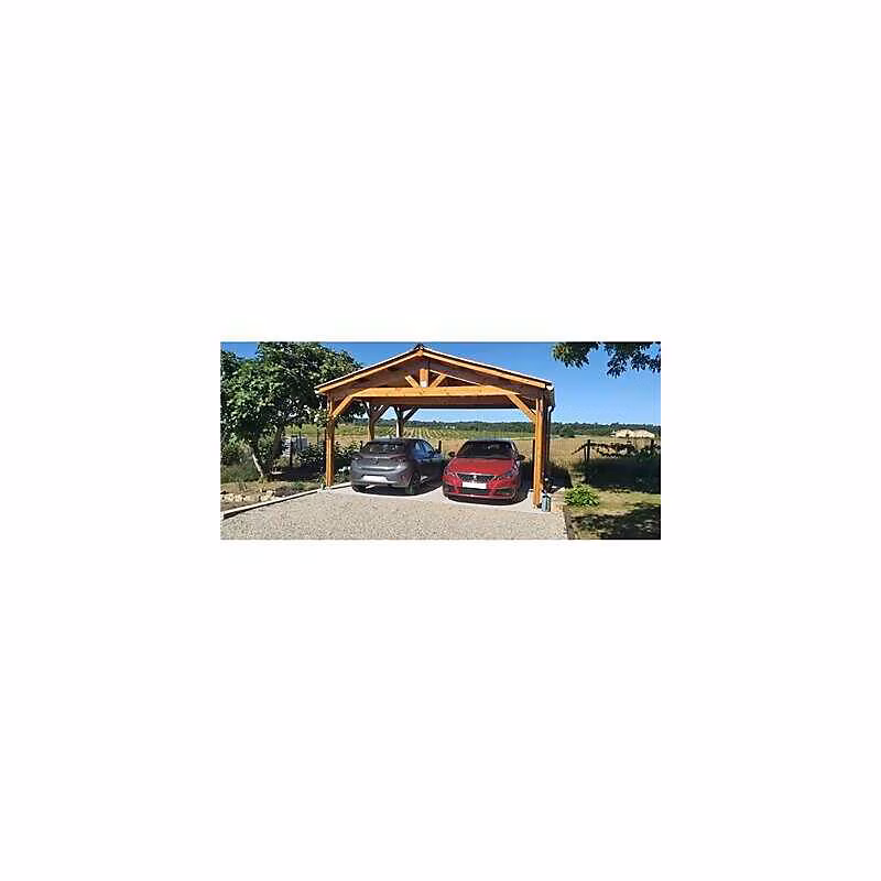 Carport deux pentes 650 cm x 750 cm – bois DOUGLAS Français (Charpente en bois, auvent, abri voiture), 49m². Garantie 10 ans