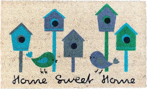 Tapi brosse coco beige imprimé maisons à oiseaux bleu Sweetsol - 75 x 45 cm