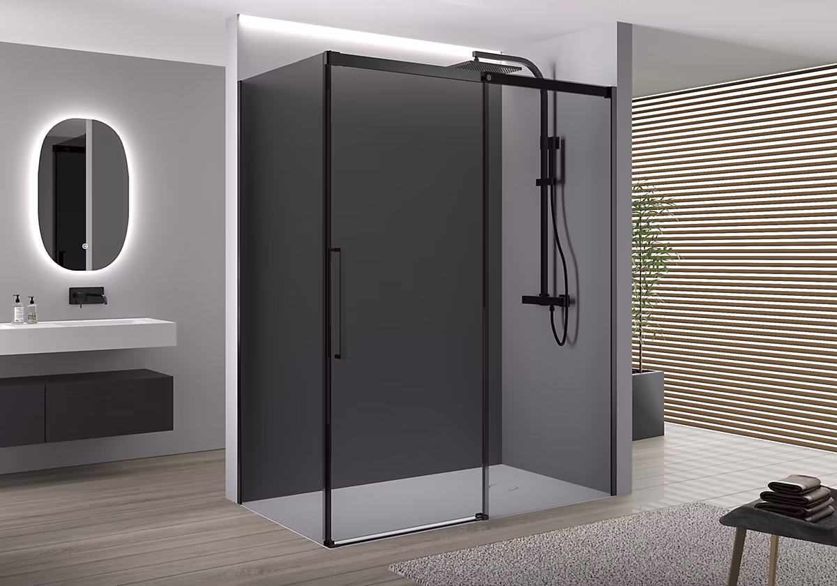 Cabine de douche d'angle 110 × 80 × 195cm (LxPxH) verre 8mm – 1 porte coulissante, Profilé noir mat, DX906 FLEX